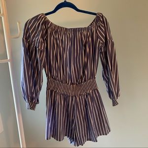 Off-the-shoulder Seersucker Romper with open back